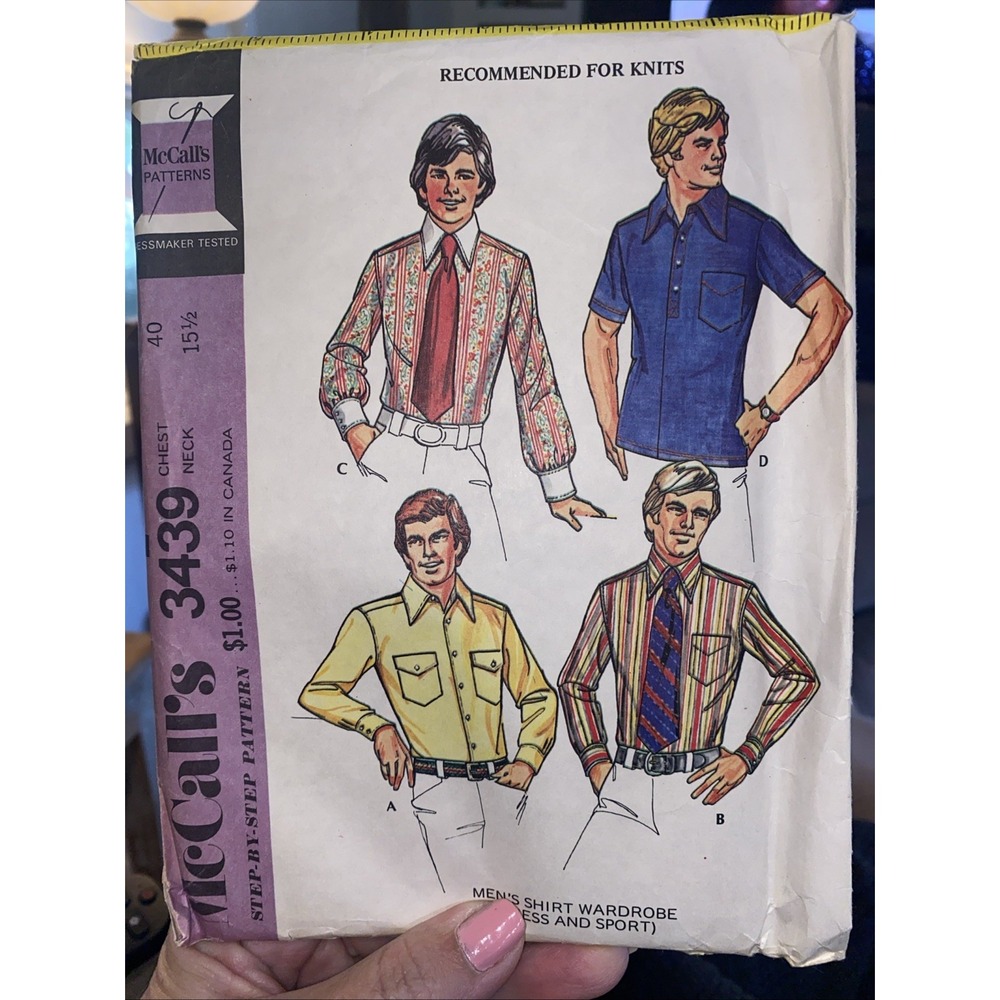 Vintage McCalls 3439 Mens Shirt Sewing Pattern 1972 Size 40 Chest Cut Complete